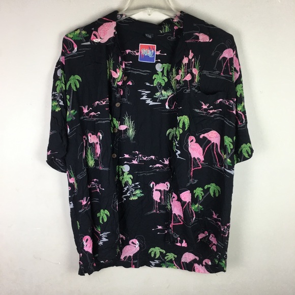 Dem Crazy 1990s pink flamingos button down shirt with coconut shell buttons - Picture 3 of 8